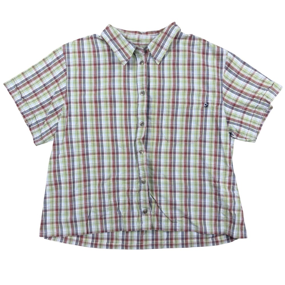 Route 66 Womens Plus 20W Plaid Button Down Short Sleeve Cotton Shirt Green Red